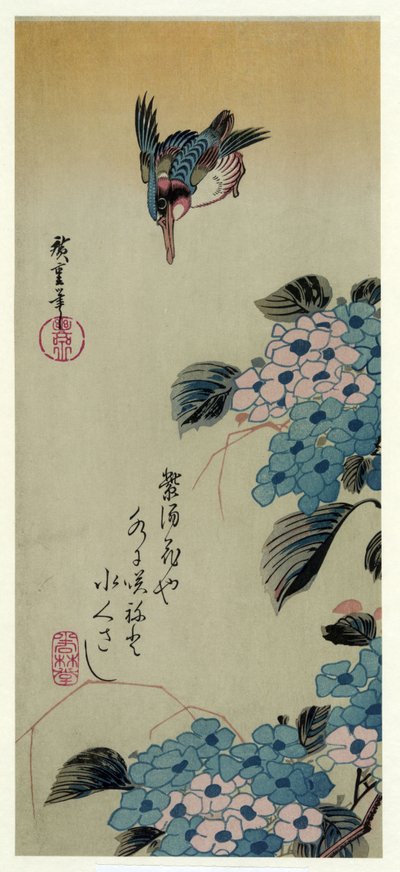 Ajisai ni Kawasemi (Hortensia y Martín Pescador) de Utagawa Hiroshige